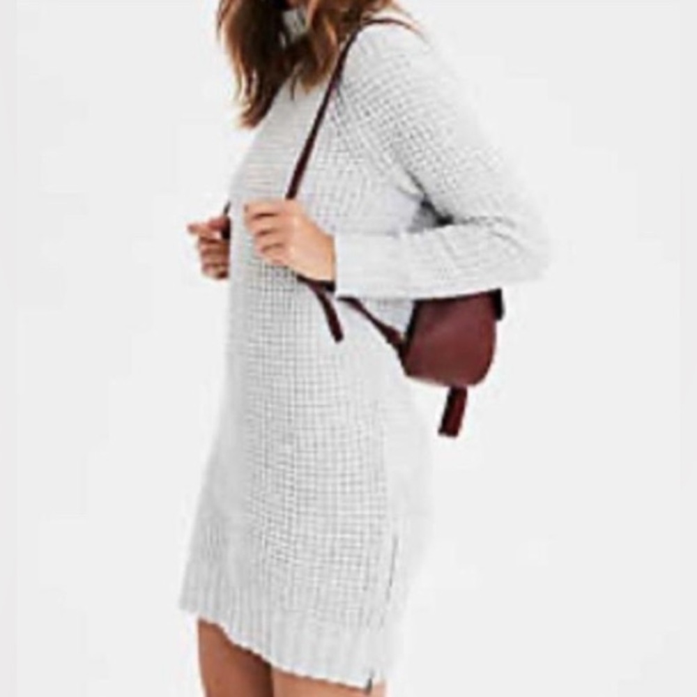 American‎ Eagle Gray Waffle Knit Mock Neck Sweater Dress Long Sleeve